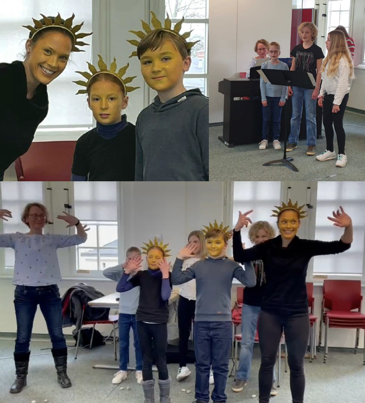 Collage von singenden und als Sonne kostümierten Kindern