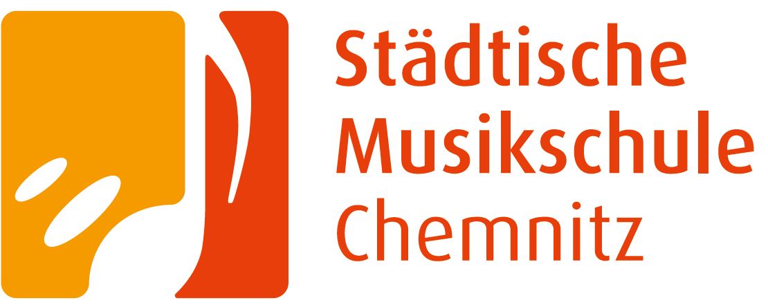 Logo der Städtischen Musikschule Chemnitz (weiße Achtelnote mit rot/orangem Hintergrund)