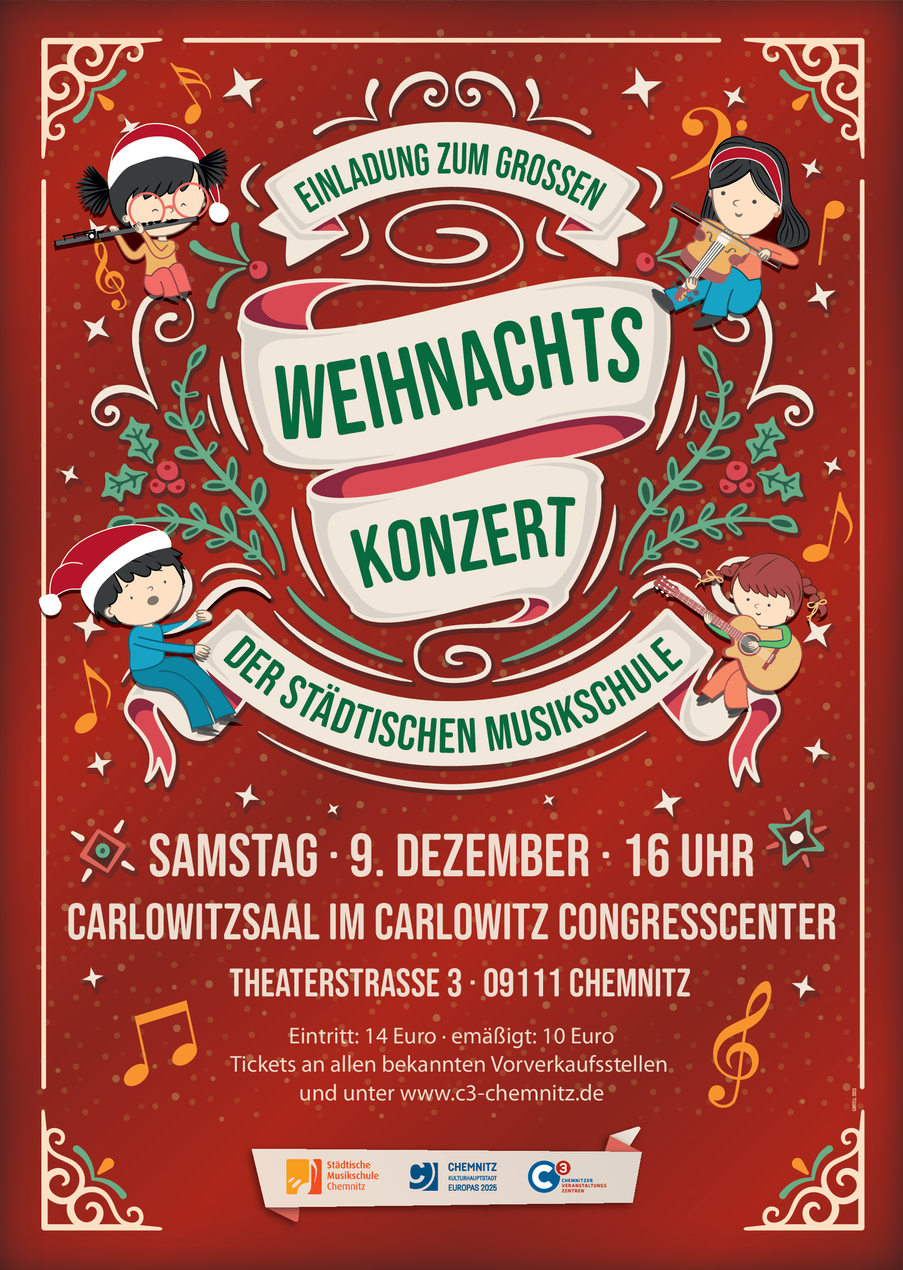 Plakat vom Weihnachtskonzert 2023 der Städtischen Musikschule Chemnitz